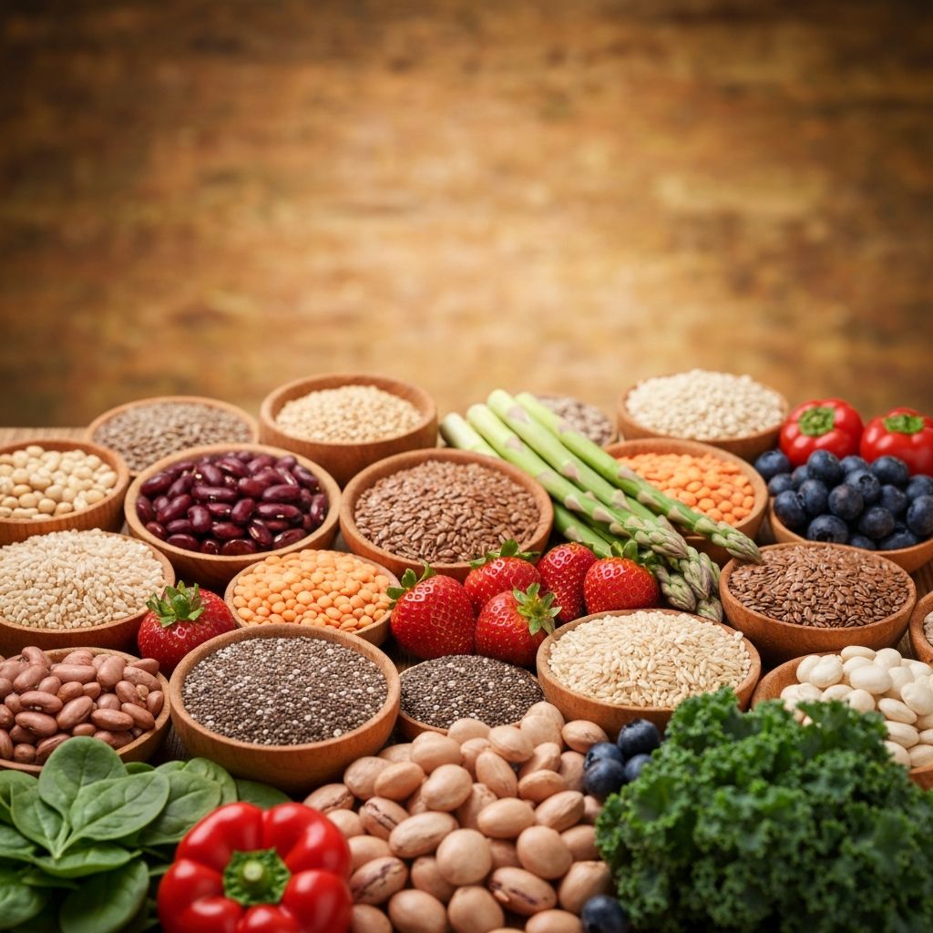 High-fiber foods including grains, vegetables, and legumes